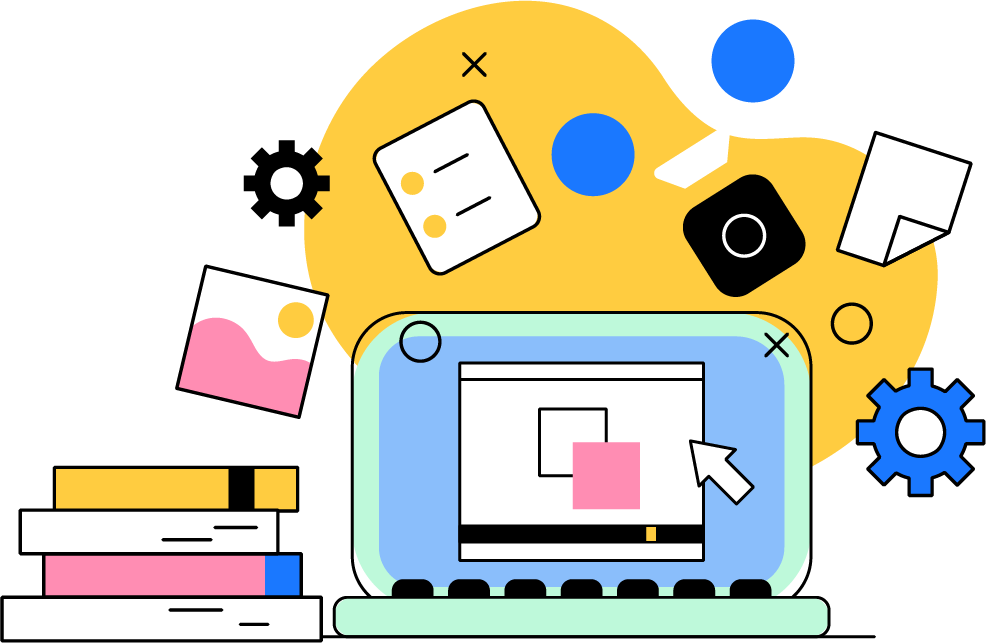 Ilustración. computadora rodeada de recursos educativos